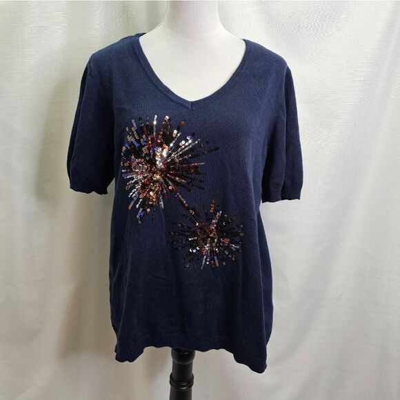 My Michelle Blue Firework Sequin Short Sleeve Sweater Size Large - Picture 1 of 9